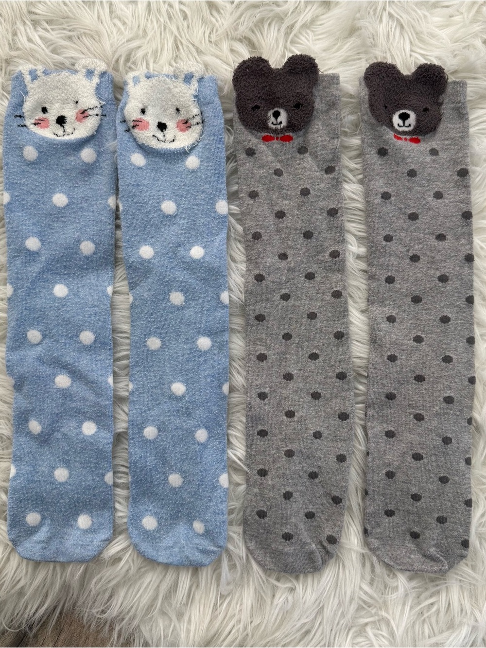 Toddler Cute Polka Dot Fuzzy Knee-High Socks - Blue & Gray Bunny andBear Designs